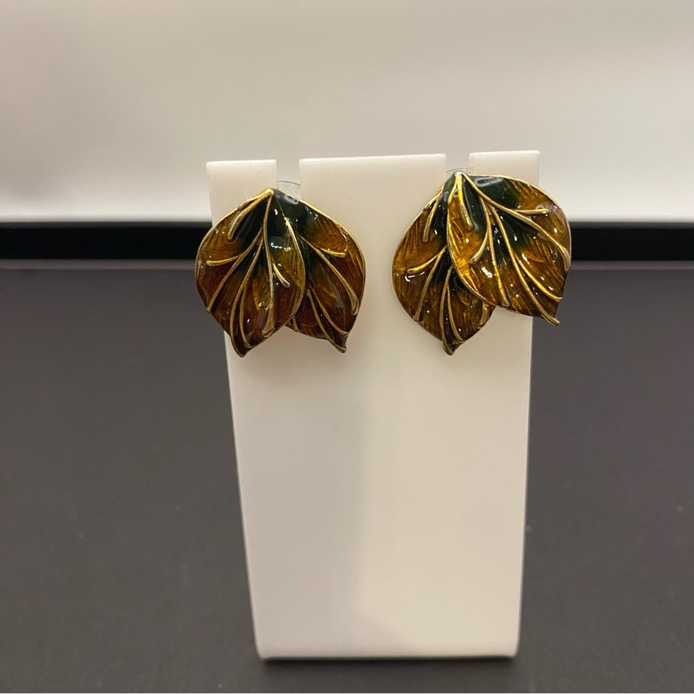 Stunning Leaf-Shaped Enamel Earrings in Amber Gold